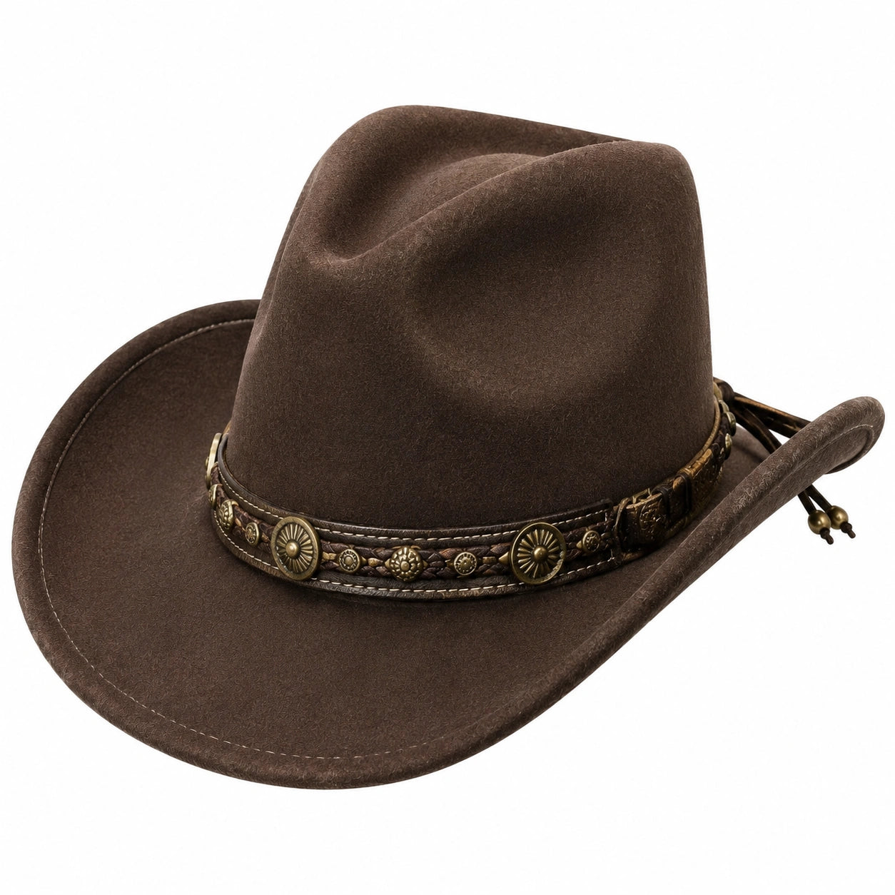 Cowboyhut Einheitsgröße braun aus veloursähnlichem Textilmaterial mit Zierband im Westernstil