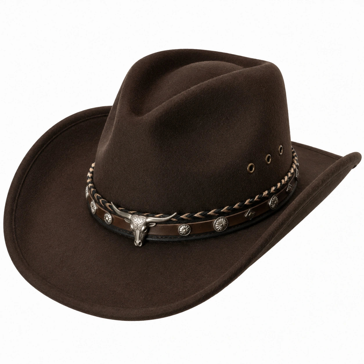 Cowboyhut Einheitsgröße Filzoptik Braun mit Zierband im Westernstil