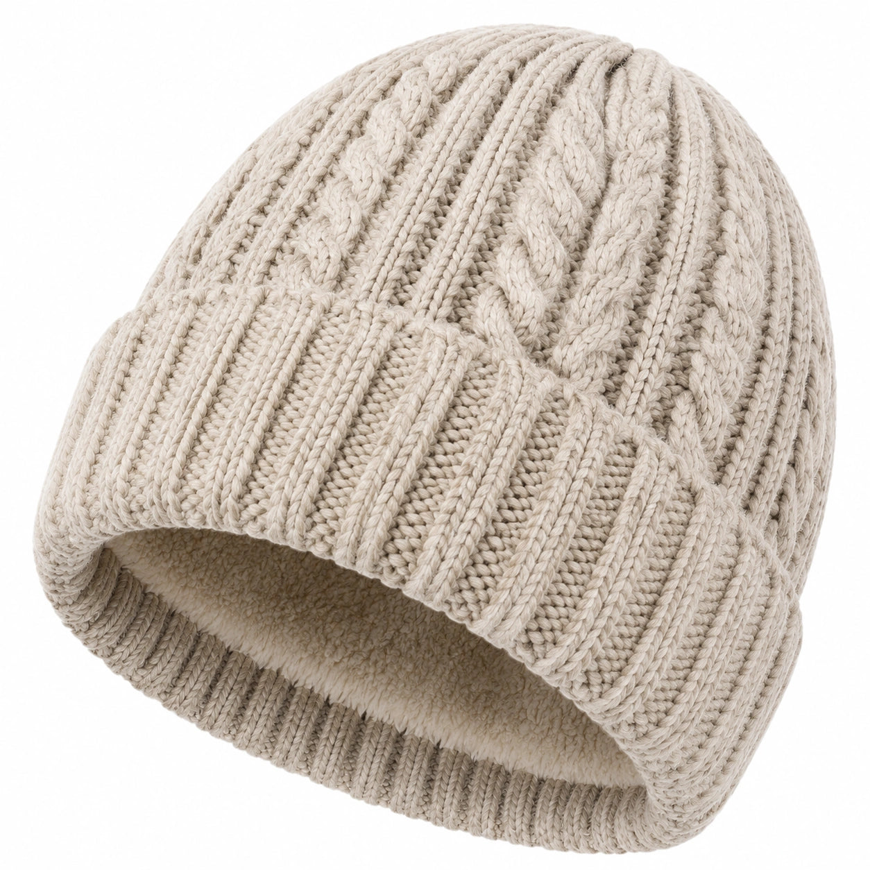 Strickmütze Einheitsgröße Beige mit Zopfmuster und Plüschfutter