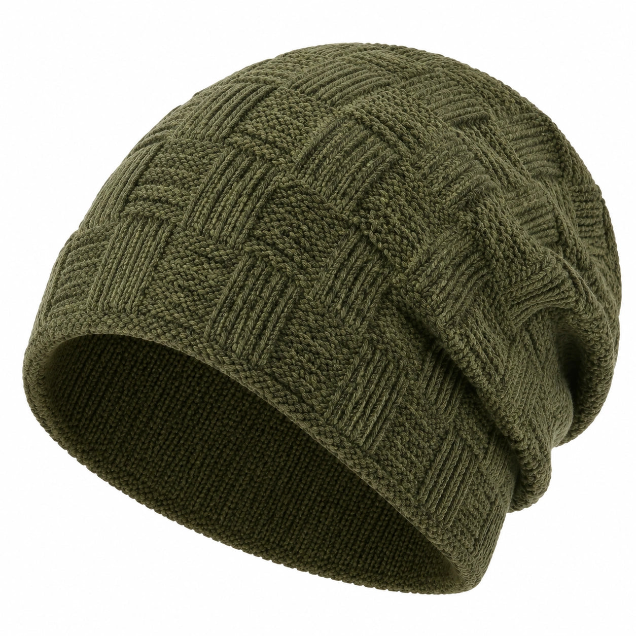Beanie Einheitsgröße olivgrün gestrickt mit Umschlag für Alltag